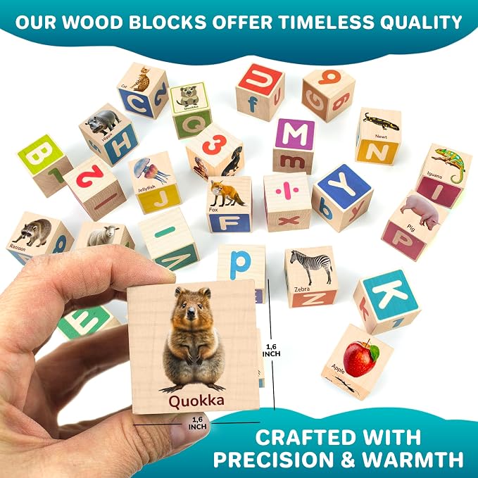 QUOKKA Wooden Toys for Toddlers – 3X Animal Puzzles & 35 Alphabet Blocks – Montessori Toys for Kids Ages 1-5 – Educational Set for Learning Letters, Numbers, Animals & Motor Skills