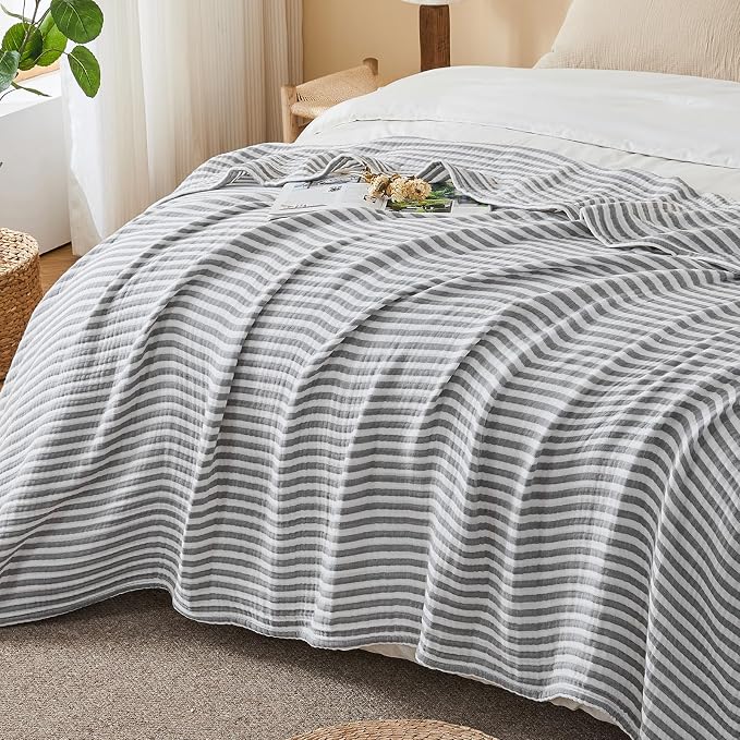 EMME Cotton Muslin Large Throw Blanket Couch 4-Layer Breathable Gauze Soft Lightweight Bed Blankets Adults (Striped Grey, 50"x71")