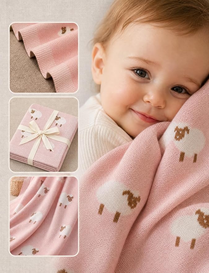 Organic Cotton Baby Blanket - Soft Luxury Knit Receiving Blanket for Newborns & Toddlers, Cozy Breathable Stroller Blanket with Pattern, Unisex, 30x40Inch（Sheep-Pink）