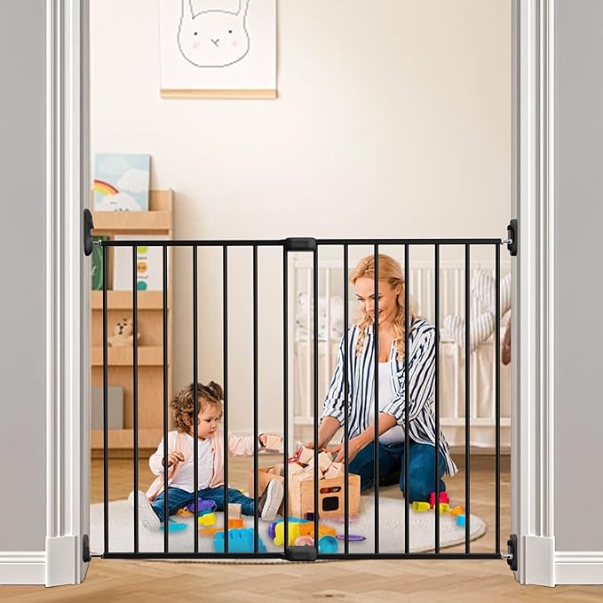 Adjustable Baby Safety Swing Gate, Hardware-Mounted Metal Gate for Stairs and Doorways, Secure Latch for Kids and Pets (Black, 24"-40.5" W x 28.75" H)