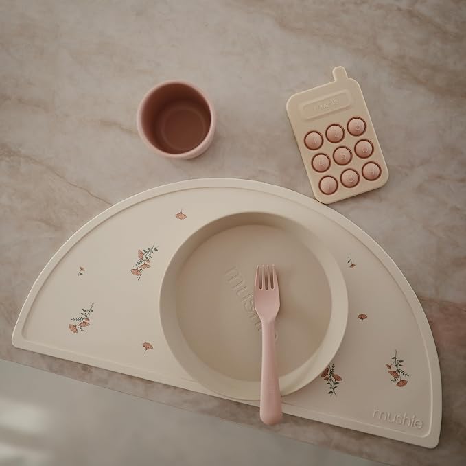 mushie Silicone Placemat for Kids | BPA-Free Non-Slip Design (Pink Flowers)