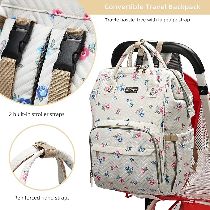 Diaper Bag Backpack, Diaper Bags for Baby Girls Boys, Baby Bags for Moms Dads, Nappy Changing Bag with Insulated Pockets,Multi-functional Waterproof Backpack with Stroller straps-Beige Flowers