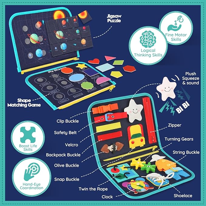 Toddler Sensory Busy Board: Travel Toy Activity Book for Girls Boys, Motor Skill Development Gift for Baby Aged 3-4 Years, Fine Educational Preschool Montessori Learning Toy for Car Airplane Space