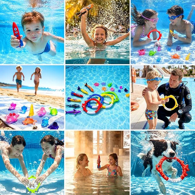 20Pcs Summer Pool Diving Swimming Toys for Kids Ages 3-12, Fun Swim Games Sinking Set, Underwater Dive Gifts with Storage Bag Include Torpedo Gems Shark Rings Sea Animals for Boys Girls Toddlers
