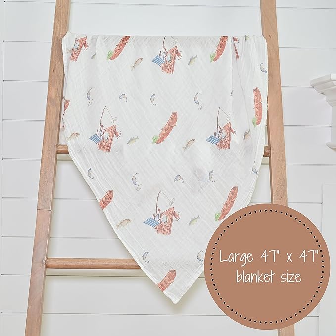 LollyBanks Baby Blanket, 100% Cotton Muslin Swaddle Blankets for Boys, Large 47 x 47 Inches Newborn Blanket, Soft and Breathable Receiving Blankets, Baby Essentials, Registry (Fishing Print)