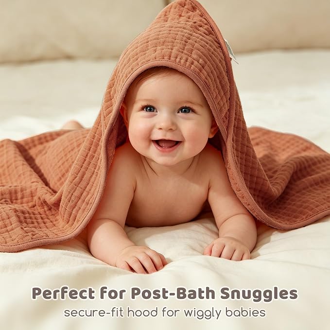 Hooded Baby Bath Towels 2 Pack 32x32 Inch, 100% Cotton Soft & Highly Absorbent, Pink & Linen Neutral Colors, Baby Towel Set with Wash Mitts, Gentle for Newborn, Infant & Toddler