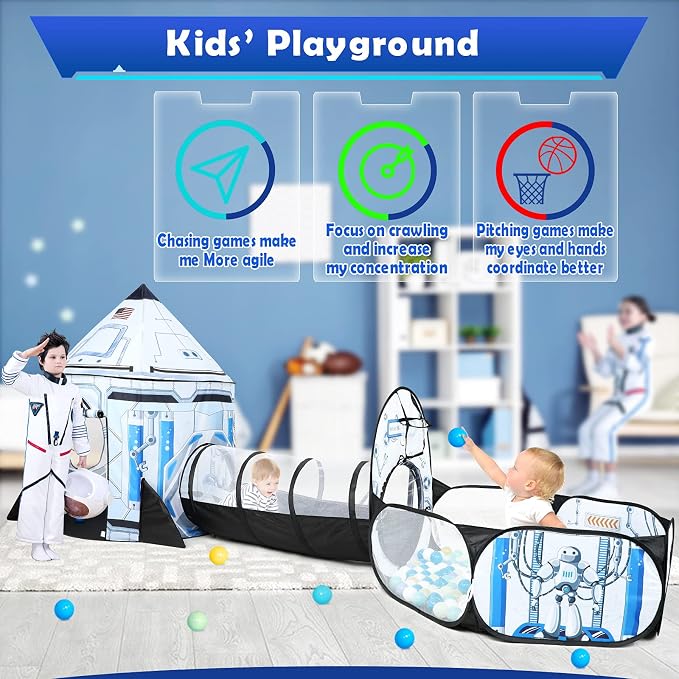 Rocket Ship Kids Play Tent: 3Pcs Toddlers Pop Up Ball Pit and Play Tunnel for Indoor Outdoor, Spaceship Baby Playhouse Toys for 1-3 Year Old Boys Girls (3 in 1 Kids Tent)
