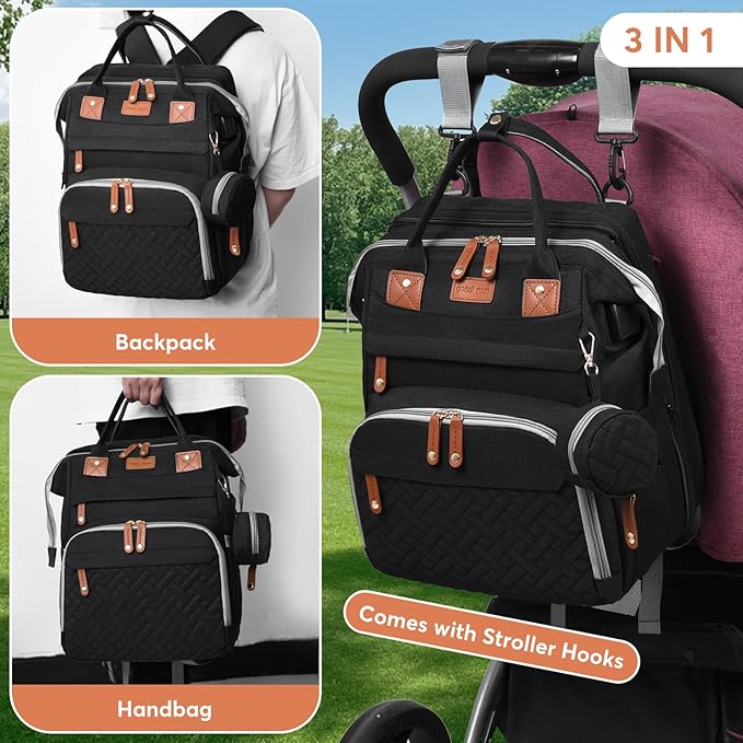 Diaper Bag Backpack with Changing Station, Large Diaper Bag For Boys And Girls, Multifunctional Waterproof Travel Diaper Backpack, Baby Bag with USB Charging Port for Moms Dads,black