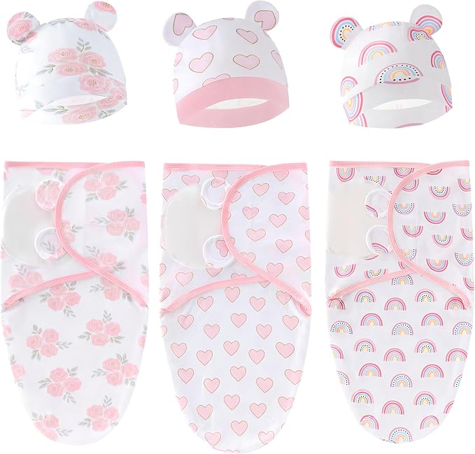 Baby Swaddle Sleep Sack with Hat Set for 0-3 months 3-Pack Soft Cotton Newborn Wearable Swaddle Wrap for Girls Boys