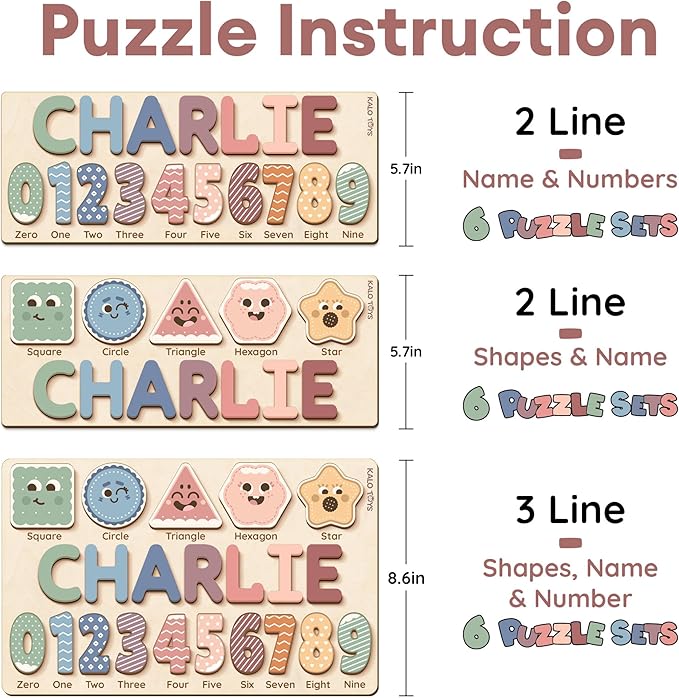 Wooden Name Puzzle for Toddlers 1-3, Personalized Name Puzzle with Animal Story Background, Baby Puzzle, Custom Baby Gift, First Birthday Gift for Boy Girl (Shapes and Numbers)