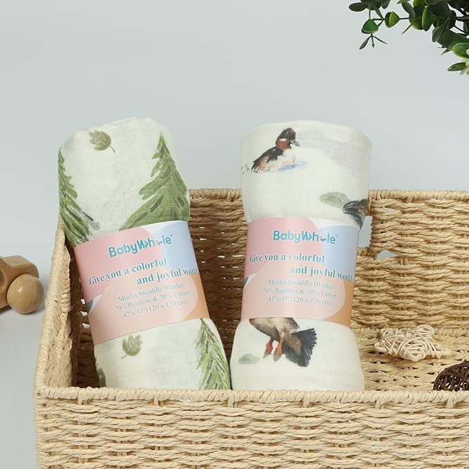 Muslin Swaddle Blankets Neutral - Soft 47x47 Inch Baby Swaddle Wrap & Nursery Receiving Blanket, Mallard Duck/Woodland - Breathable 70% Bamboo Viscose & 30% Cotton