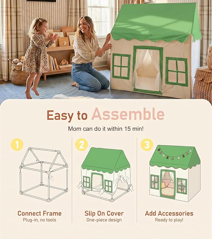 Little Dove Kids Play Tent with Mat, Star Lights, Tassel Garland, Toddler Playhouse with Windows Easy to Wash, Indoor and Outdoor Play Tents for Kids, Toys for Girls, Boys, Birthday Gift, Green