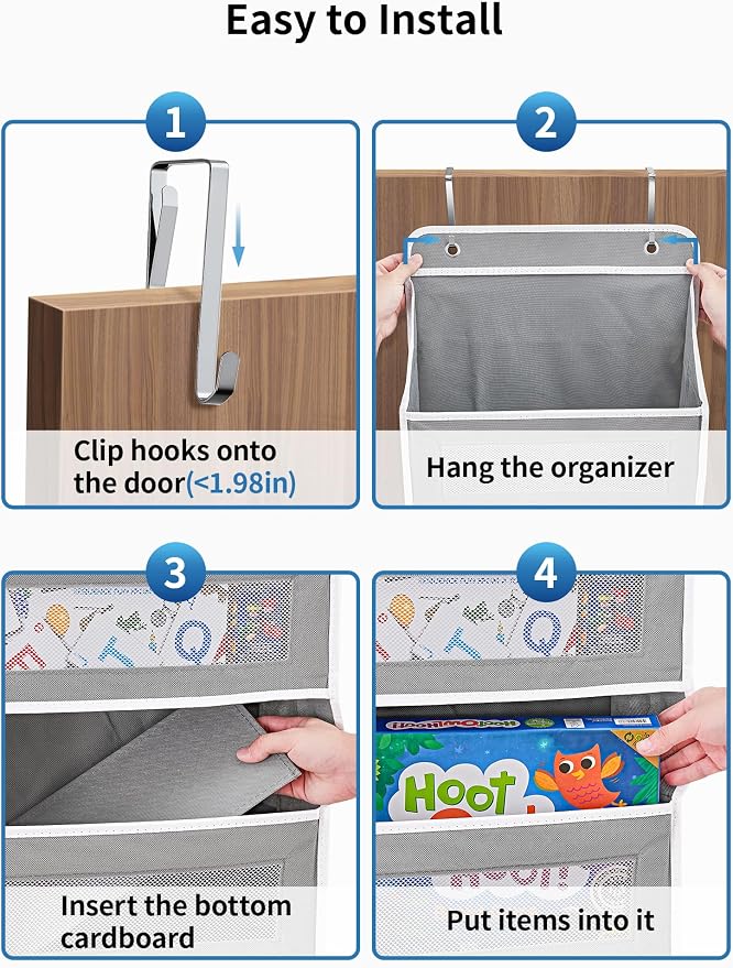 JARLINK Over The Door Organizer Storage, 5 Shelf Hanging Door Organizer with 5 Large Capacity Pockets, Anti Tilt 44 lb Load Behind Door Storage for Bedroom, Bathroom, Pantry, Nursery, (Grey)