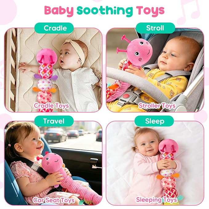 Baby Sensory Toys 0-6 6-12 Months, Stuffed Musical Caterpillar Animal Toys for Babies 3-6 Months with Rattles Crinkle Squeaker, Infant Tummy Time Toys for Newborn Baby Boy Girl Gifts, Pink