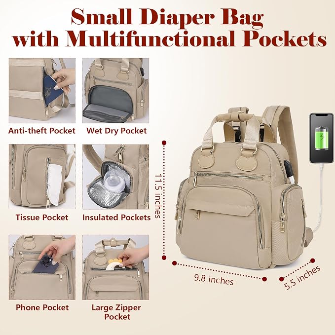 Diaper Bag Backpack Travel Baby Bag with Changing Pad,13 Pockets, Insulated Pockets,USB Charging Port,Baby Shower Essentials,Khaki