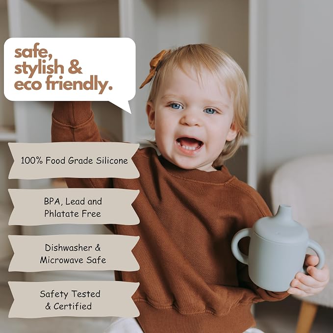 KIDSco. Silicone Sippy Cups with Easy Grip Transition Handles, a Soft Spout and Straw. A Non Toxic No Spill Unbreakable Training Cup. 5oz/150ml |Sandy Shore and Green|