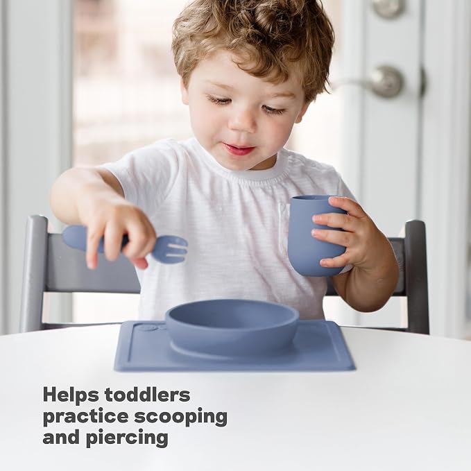 ezpz Kit 3: Practice Feeding Skills (Indigo) - Tools to Help Your Toddler Practice Scooping, Piercing, Straw Drinking, and Self-Feeding - Toddler Essentials & Gifts