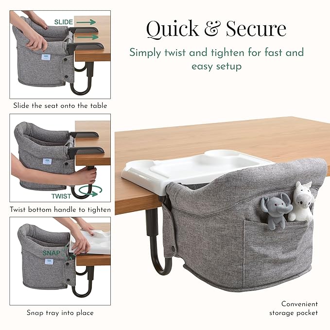 Evolur Clamp-On Comfort Table Chair, Portable Clip-On High Chair for Babies & Toddlers (6??6 Months), Removable Washable Seat Cover, Dishwasher-Safe Tray, Foldable Design with Carry Bag ??Gray