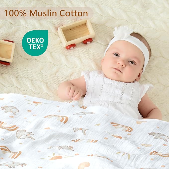 3-Pack Muslin Swaddle Blankets 47x47-100% Cotton Breathable Receiving Blankets for Newborn Baby, Soft Swaddling Wraps, Sunny Elephant Parade
