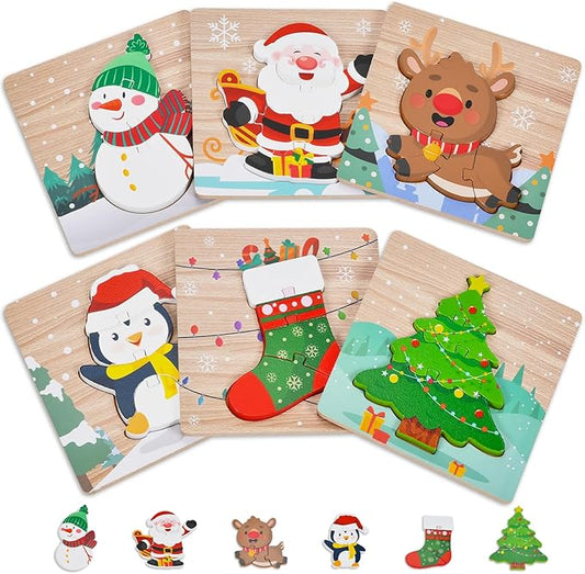 6 Pack Christmas Wooden Puzzles for Kids Christmas Stocking Stuffers for Toddlers 1-3 2-4 Toddler Toys Party Favors Gifts