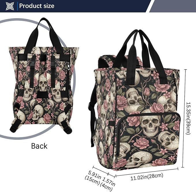 Gothic Skull Rose Diaper Bag – Insulated Bottles, Stroller Straps for Mom Dad