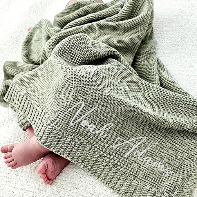 Luxury Personalized Name Knitted Baby Blanket - Embroidered, Soft Breathable Cotton Knit for Newborns - Valentine's Gift for New Moms Baby Boy Girl Birthday Christmas