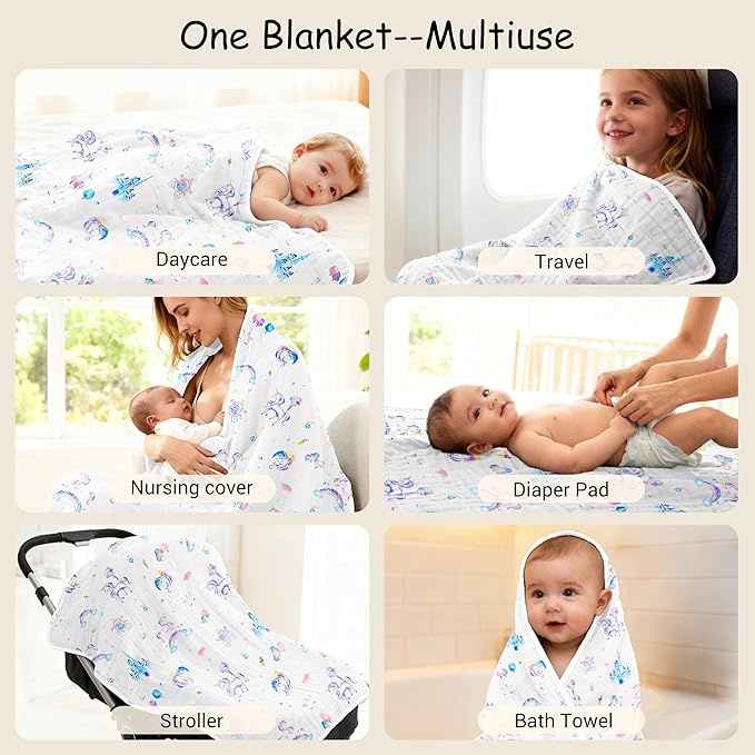ZPECC Muslin Toddler Blanket Thicker, 47x47 Organic Cotton Kids Quilt Hypoallergenic for Baby Essentials Crib Stroller Daycare Cot, Unicorn