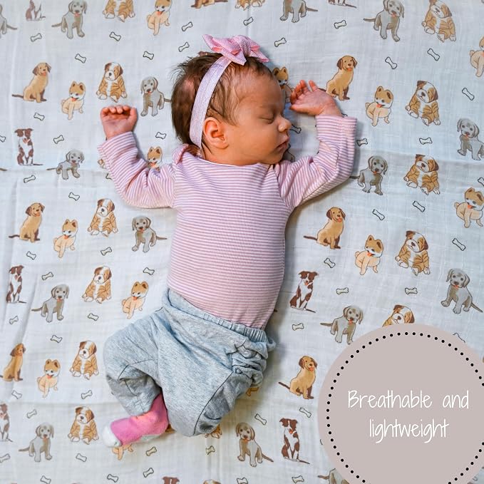 LollyBanks 100% Cotton Baby Blankets 2 Pack, Gentle and Soft Muslin Swaddle Blanket for Girls, Lightweight 47 x 47 Inches Newborn Receiving Blanket, Newborn Essentials Must Haves (Puppies and Tan)