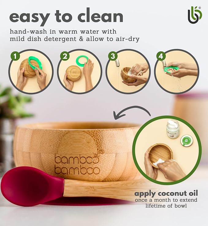 Suction Bowl for Baby, Bamboo Baby Bowl and Spoon Set with Removable Food-Grade Silicone Suction Cup for Kids – Safe, Sturdy, Non-Toxic Toddler Suction Bowl for Baby-Led Self-Weaning (Cherry Bundle)