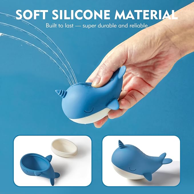 MarcZero Ocean Silicone Bath Toys 8Pcs for Toddlers Kids Babies,Bathtub Water Toys,Soft Squeezable Easy-Grip Pool Toys Set (Blue)