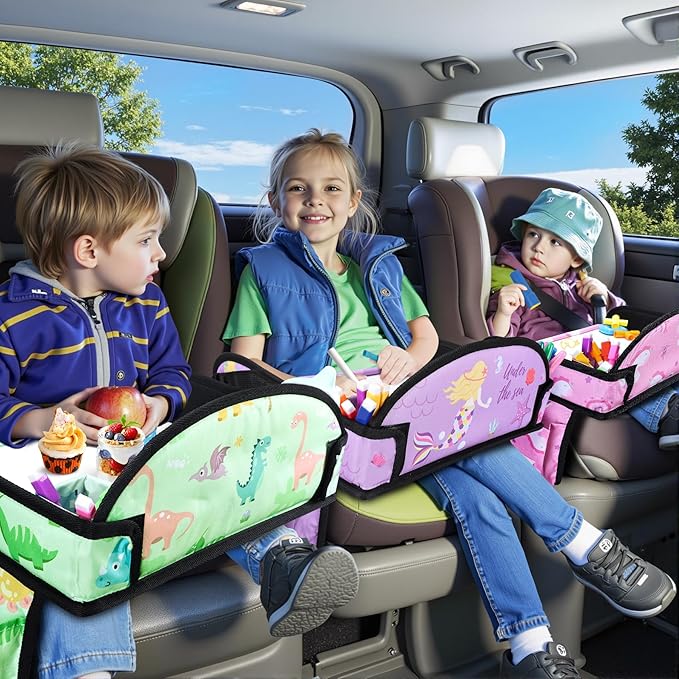 3PCS Kids Travel Tray for Airplane - Toddler Car Seat Table Tray, Road Trip Essentials for Boys & Girls, Carseat Lap Desk for Kids Road Trip Activities (Pink/Green-/Purple)