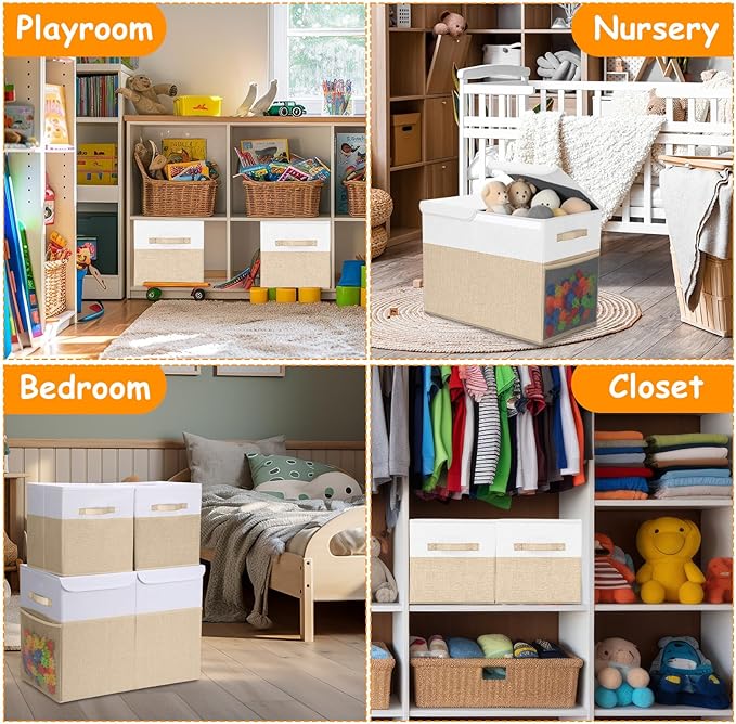 3 Pack Large Storage Bins Set 23" Toy Chest Storage with Lids and 11" Cubes Organizer Bins for Kids Bedroom Closet Shelf Organizer for Clothes Blankets Nursery Playroom(Beige White)