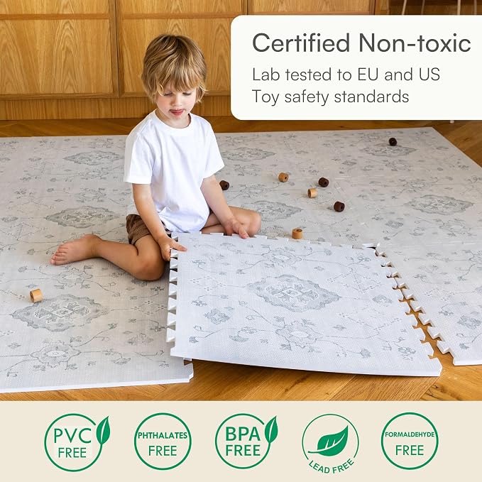 Lillefolk Baby Play Mat for Floor – 6x8ft Vintage Gray | PFAS Free Non Toxic Premium EVA Foam Tiles for Tummy Time, Crawling & Playpen – No Loose Edges Interlocking Babies & Toddlers (12 Tiles)