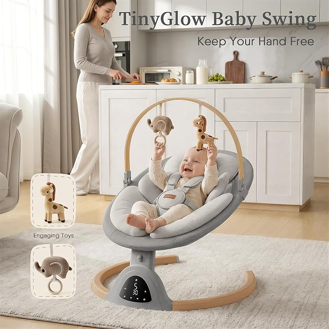 Baby Swings for Infants, TinyGlow Baby Swing, Electric Baby Swing with Remote Control, Portable Infant Swing for Indoor & Outdoor Use (Grey)
