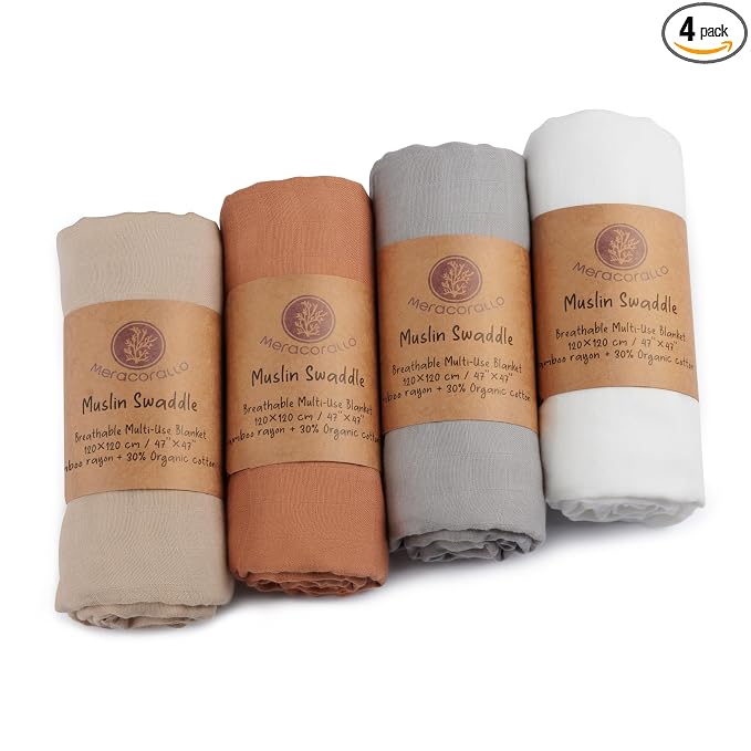 Meracorallo Muslin Swaddle Blanket Silky Soft Receiving Blanket Neutral Swaddle Wrap for Baby Boys and Girls, 47 x 47 inches, Set of 4 Solid Color