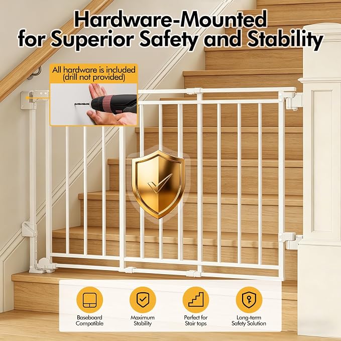 Extra Wide Baby Gate for Stairs and Doorways, 32-54” W x 29” H(Must Drill to Install), One-Hand Operation, Auto-Close Feature, No Bottom Threshold, for Babies and Pets, White