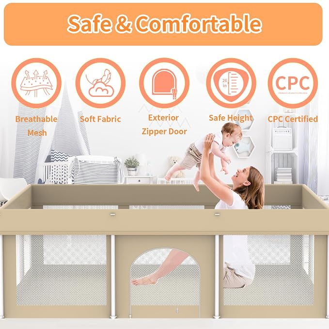 Foldable Large Baby Playpen 50"×71", Portable Playard for Babies & Toddlers, No Assembly, Safe Zipper Gate, Soft Mesh Sides, Ideal for Indoor & Outdoor Use, Includes 100 Ocean Balls, Beige