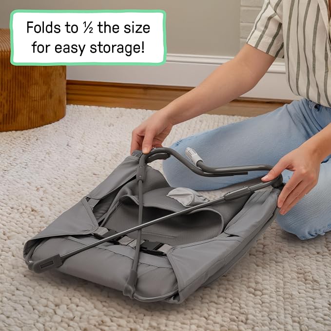 Ingenuity Stow & Go Compact Folding Baby Bouncer, Lightweight Portable Seat with Vibration, Grey, Under 5 lbs