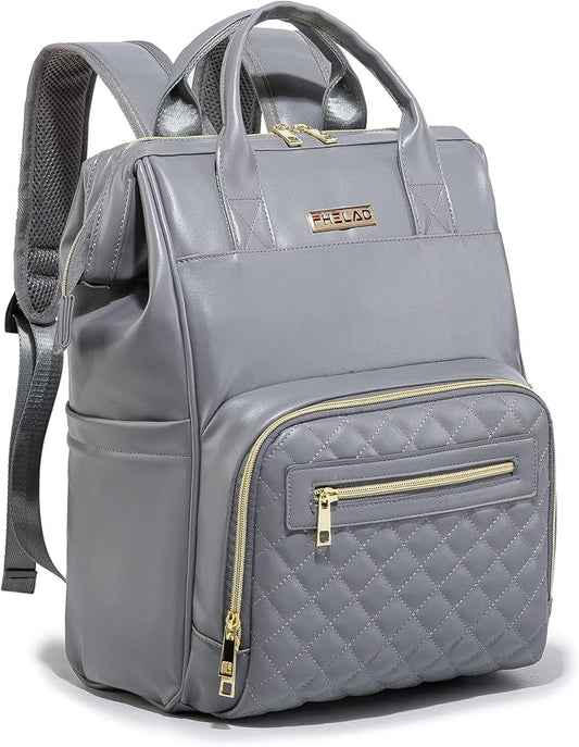 Baby Diaper Bag Backpack, Baby Bag with Laptop Compartment, Vegan Leather, Large Capacity, Waterproof Travel Diaper Backpack (Gray)