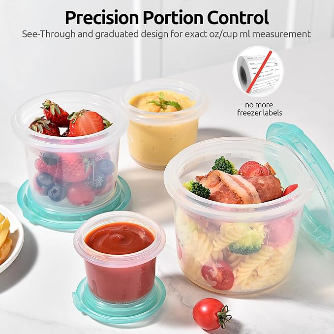 U-Taste Silicone Food Storage Containers Set: Meal Prep Box with Airtight Lid, Freezer & Microwave Safe, Date Marking Circle, Clear cup/oz/ml Measurement for Dry & Wet Deli -2oz/4oz/8oz/16oz, Aqua Sky