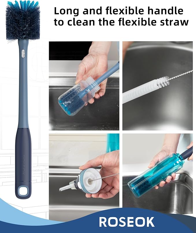 ROSEOK 2in1 Bottle Scrubbing Brush with Straw Brush has Long and Comfortable Handle, Cleaning Glass, Sports Bottle, Coffee Mug,2 Pack, Grayish Blue