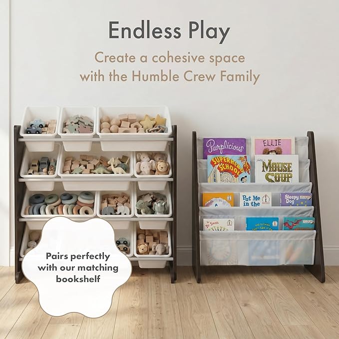 Humble Crew Kids Toy Storage Organizer with 12 Plastic Bins, Espresso/White ??Removable Bins for Playroom, Bedroom, Toddler Furniture for Boys and Girls Ages