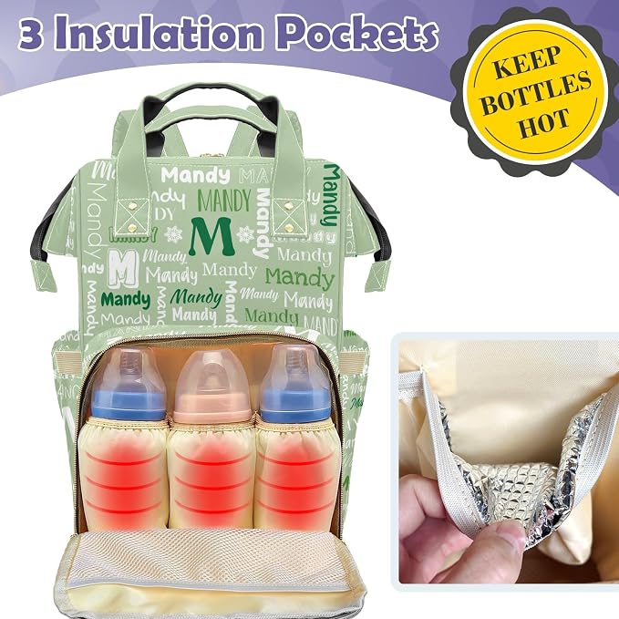 Custom Diaper Bag with Name Personalized Multifunctional Mommy Backpack for Daughter Granddaughter, Green Daypack Bag for Travel