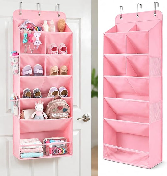 6 Tier Hanging Shoe Organizer – 100D Extra Thick Deep Pockets, Shoe Rack for Closet, Shoe Rack for Entryway, Shoe Organizer for Closet, Over the Door Shoe Organizer with 4 Side Pockets (Pink)