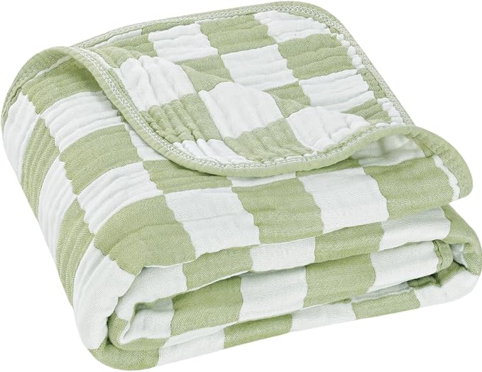 6-Layer Muslin Baby Blanket Made with Organic Cotton - Classic Neutral Checkered, Swaddle & Crib Quilt, 43”x43”, Warm Sage Green Checkered