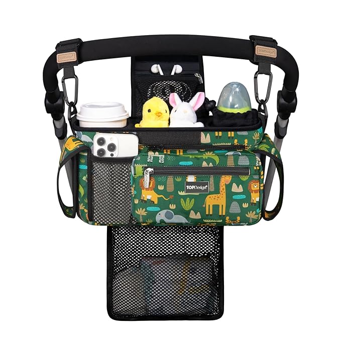 TOPDesign Universal Baby Stroller Organizer, Stroller Caddy with Detachable Mesh Bag & Heightened Insulated Cup Holders & Non-Slip Secure Hooks Accessories, Fits Most Strollers (Zoo 2)