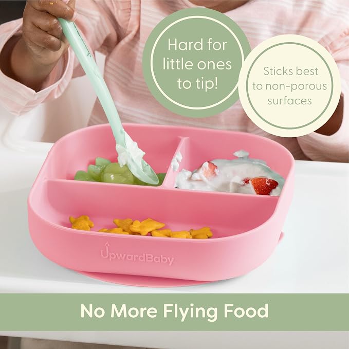 UpwardBaby 2 Pack Baby Plates and Spoon Set - Silicone Divided Suction Plates for Babies, Toddlers & Kids - Less Mess, Portion Food Plates Feeding Set - Non-Slip, Non-Toxic, BPA Free - Sage/Pink