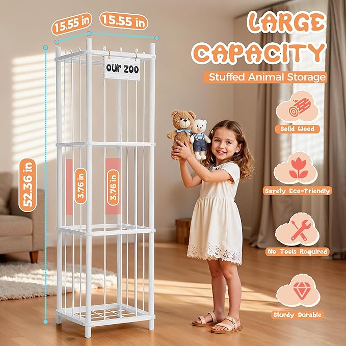 LAMU Stuffed Animal Storage, Wooden Zoo Stuffed Animal Holder with Elastic Cords, Space Save Toy Organizer, Extra Large Capacit Stuffed Animal Organizer for Playroom, Bedroom, Nursery, White
