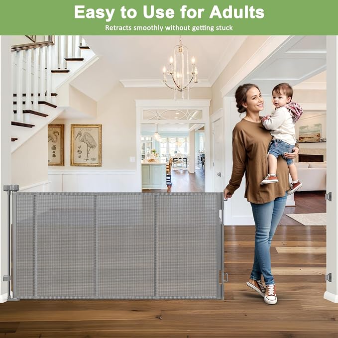 Reinforced 100” Extra Wide Baby Gate for Doorway, 33” Tall Retractable Dog Gate with Reinforced Strips, 8.33 Ft Wide Baby Gates for Large Openings, Anti-Scratch Retractable Pet Gates for Dogs, Gray