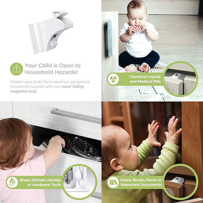 SKYLA HOMES Magnetic Cabinet Locks Baby Proofing Child Safety - The Safest Quickest and Easiest Multi-Purpose 3M Adhesive Child Proof Latches, No Screws or Tools Needed (4 Pack)